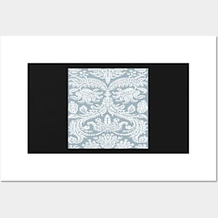 White on Dusty Blue Medieval Damask Scrolls Posters and Art